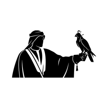 Arab Falconer Holding Hawk Silhouette Vector Illustration