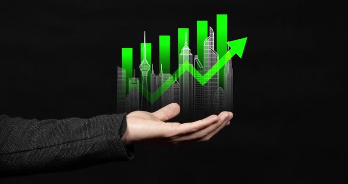 Motion graphics of a modern businessman hand holding a real estate profits concept with a graph a skyscrapers line and an arrow