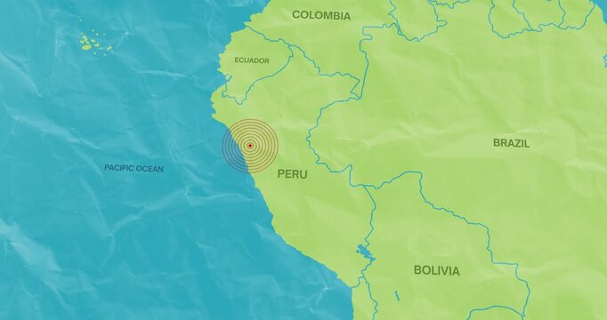 graphic motion video of an earth waves concentric lines into a Peru map of an earthquake epicenter composition concept