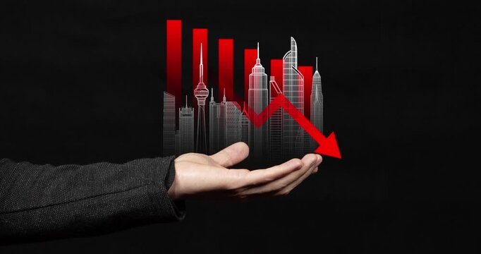 Motion graphics of a modern businessman hand holding a real estate losses concept with a graph a skyscrapers line and an arrow