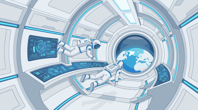 Two astronauts float weightlessly in a futuristic space station, observing Earth through a large viewport. Blue glowing screens and a clean, modern interior convey technology and exploration.