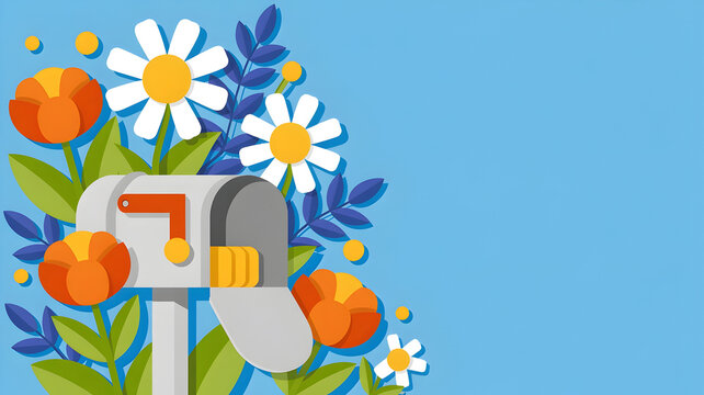 Cute mailbox with flowers and mail on light blue background.