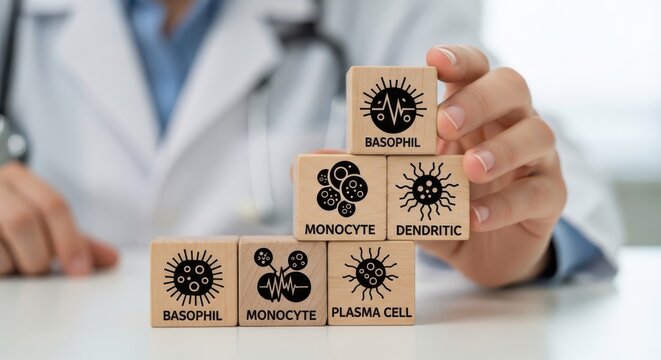A doctor stacking wooden blocks with different types of white blood cells on them
