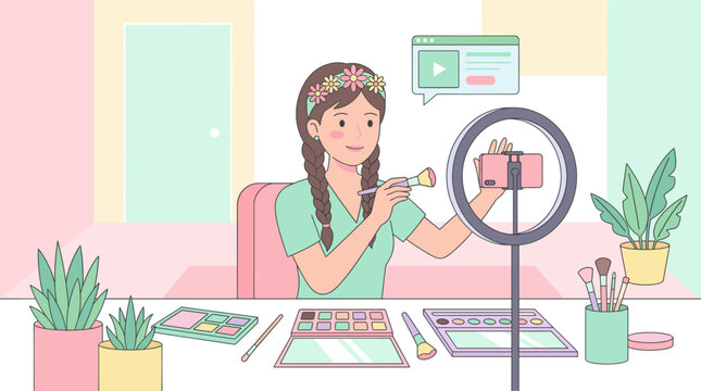Cheerful beauty vlogger films a makeup tutorial using a smartphone and ring light. Ideal for digital content, beauty blogs, social media marketing, and online education.