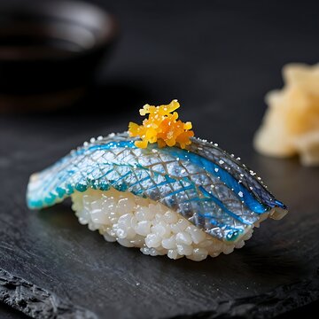 Kohada nigiri sushi with blue skin and garnish on dark slate plate