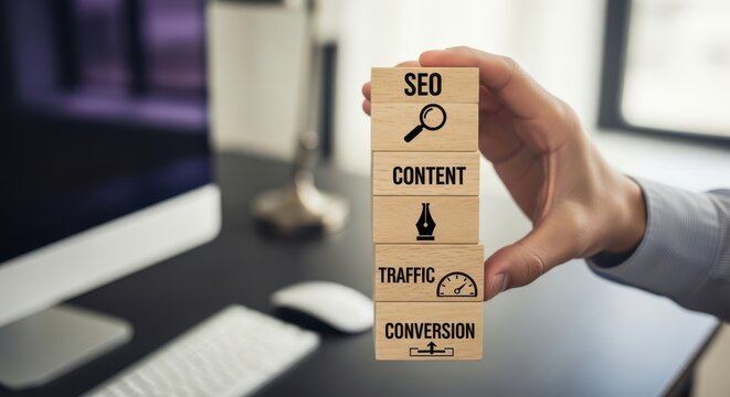Hand holding wooden blocks with seo, content, traffic, and conversion on a desk with computer