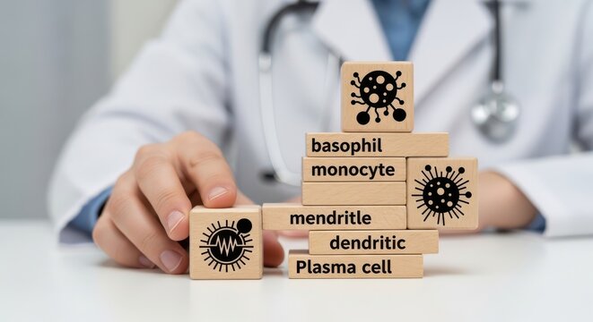 A doctor building blocks with medical terms and virus symbols on them