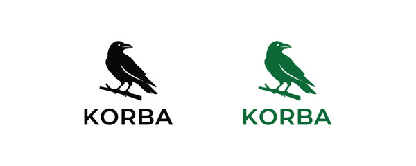 Fototapeta premium Korba logo template featuring black and green raven bird silhouette perched on branch for modern brand identity design.