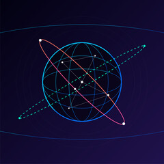 Abstract digital illustration of blue wireframe globe with colorful orbital paths representing global communications network © SATHI