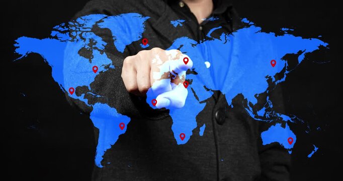 Motion graphics video of a modern businessman touching a tech blue world map with a lot of GPS logo locations