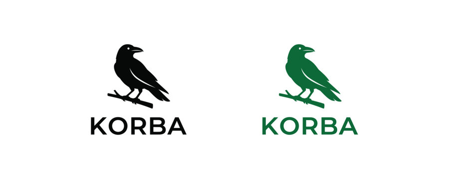 Korba logo template featuring black and green raven bird silhouette perched on branch for modern brand identity design.