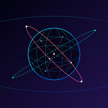 Abstract digital illustration of blue wireframe globe with colorful orbital paths representing global communications network