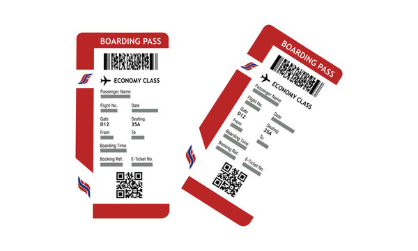 Two red and white economy boarding passes with qr codes