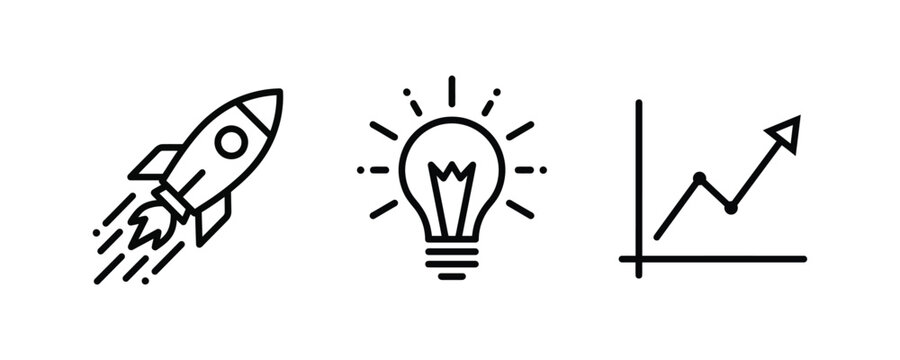 Innovation and data analysis icon collection with rocket ship lightbulb and statistical trend line for tech reports.