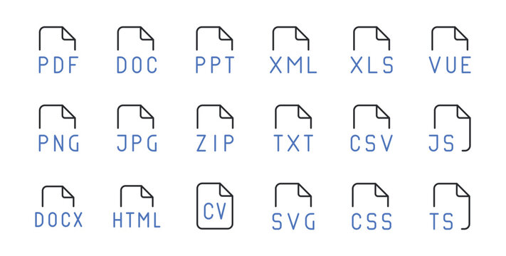 File Type Line Icons Set Editable Stroke Vector Illustration.