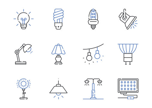 Light Bulb, Ceiling Lamp, Table Lamp, Desk Lamp, LED Bulb and Spotlight Line Icons Set Editable Stroke Vector Illustration