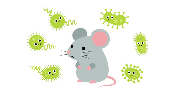 A cute cartoon mouse surrounded by various green bacteria microbes.