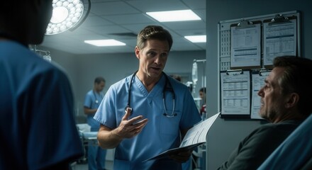 Obraz premium Medical Professionals Discuss Patient Care In a Modern Hospital Setting