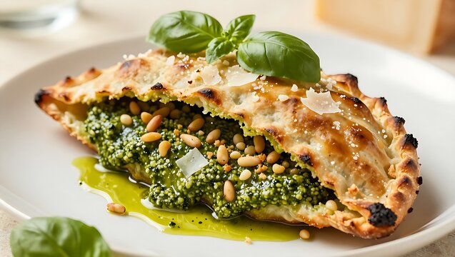 Freshly baked calzone genovese with pesto and pine nut top