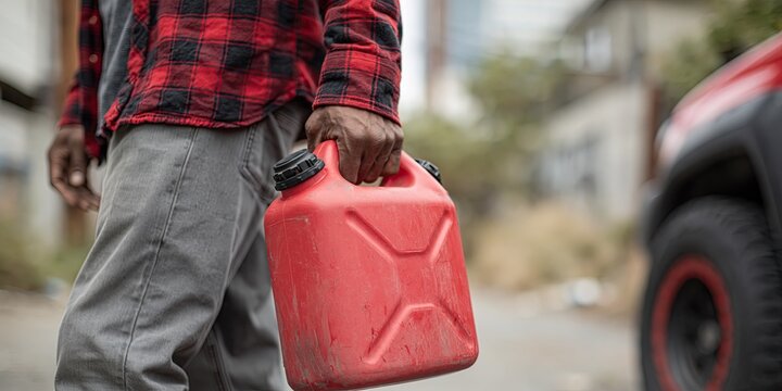 Photo, angled closeup of man carrying gas can