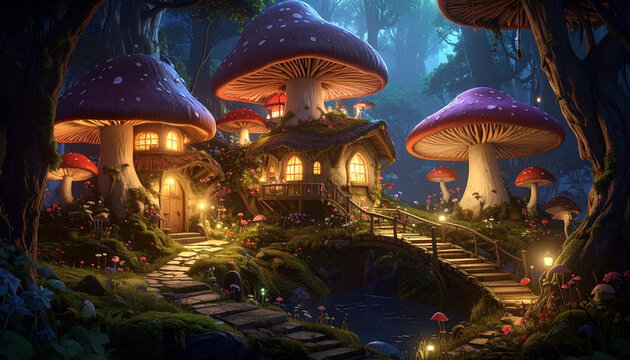 Rumah jamur fantasi di hutan ajaib