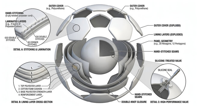 Technical exploded view diagram of a soccer ball showing internal layers, construction details, and manufacturing anatomy isolated on white background.