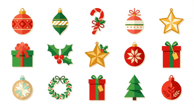Minimal Christmas Ornament Icon Set Isolated on White Background &mdash; Set Ikon Ornamen Natal Minimalis Terisolasi di Latar Putih