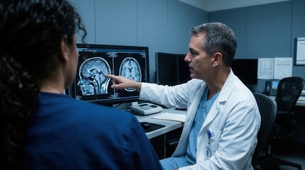 Fototapeta premium Medical Professionals Discussing Brain Scan Results in a Clinical Environment