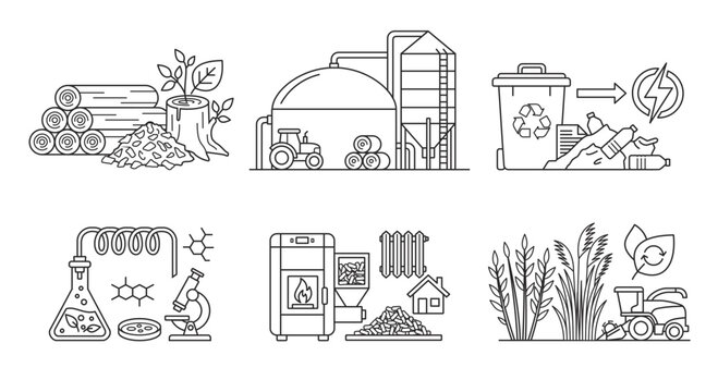 Black and white biofuel production and renewable biomass concepts line art