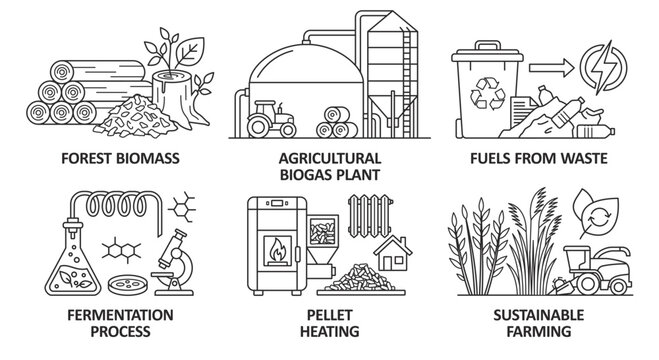Black and white biomass energy and sustainable agriculture infographic set with text labels