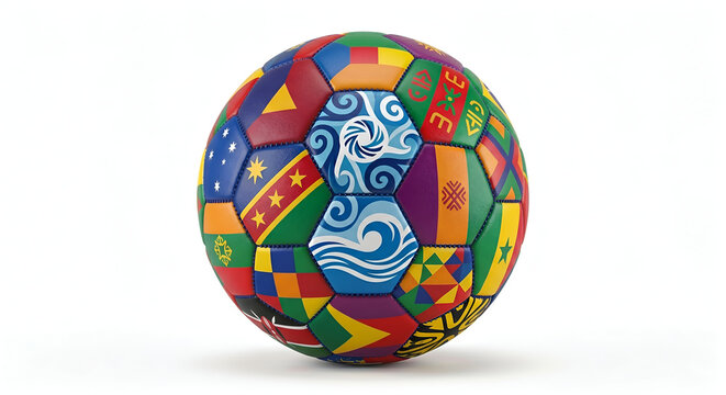 Colorful soccer ball featuring international world flags and cultural patterns, global sports and international football tournament concept isolated on white background.