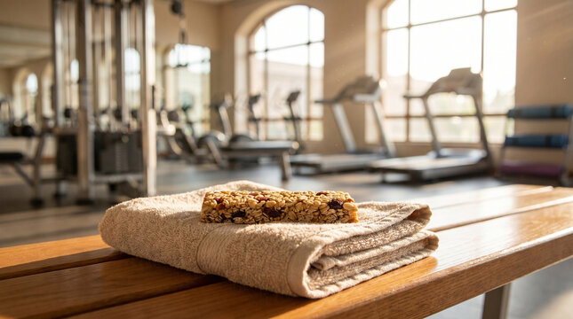 Energy bar on folded towel on wooden bench in bright gym with treadmills and weight racks visible through windows healthy snack before or after workout active lifestyle choice.