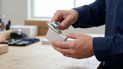 Fototapeta premium Skilled worker's hands meticulously measuring a small component with a precision tool, emphasizing quality control and craftsmanship in a manufacturing or assembly setting