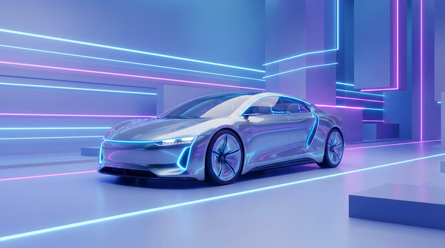 Silver futuristic concept car displayed under neon blue and purple lights