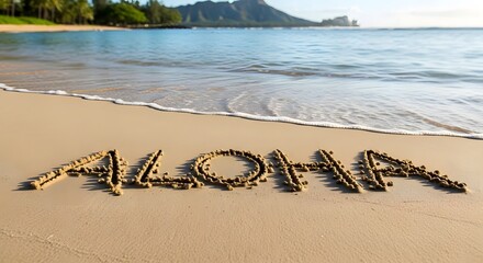 Beautiful Beach Scene with the Word Aloha Written in Sand.
