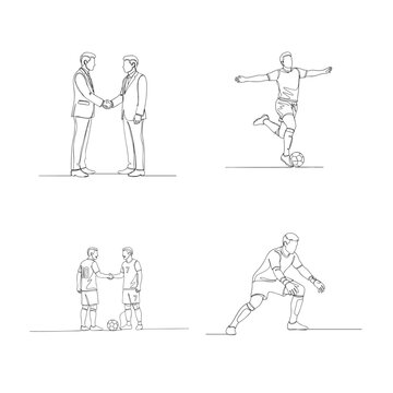 Single line drawing of soccer players shaking hands and athlete kicking ball during football match.
