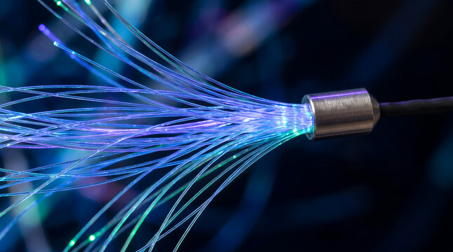 Close up view of glowing blue fiber optic cables demonstrating data transmission technology