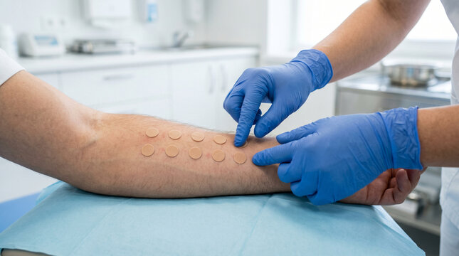 A doctor in blue gloves placing several round beige patches on a patient's forearm, conducting a skin allergy test in a bright medical environment with blurred background.