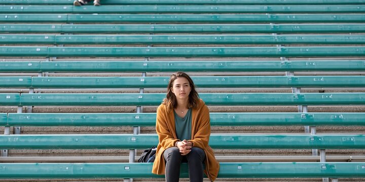 Female Reporter sitting alone on the empty bleachers