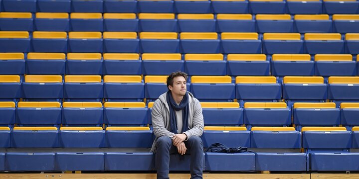Reporter sitting alone on the empty bleachers