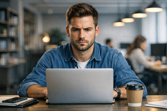A man wearing a blue shirt is sitting at a desk and looking at his laptop screen in an office environment.