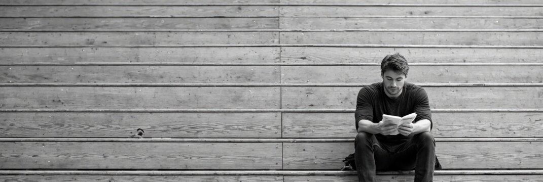 Female Reporter sitting alone on the empty bleachers