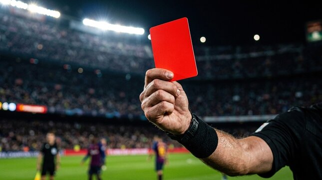 Referee hand holding red card up in soccer stadium during professional match competition with crowd background blurred lights penalty foul disqualification decision.