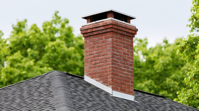 Red brick chimney with white flashing on a dark asphalt shingle roof