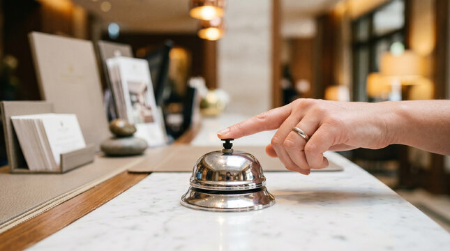Woman's hand with wedding ring rings service bell on marble counter, close up of finger signaling for attention at hotel reception desk, guest requesting assistance or help from staff.