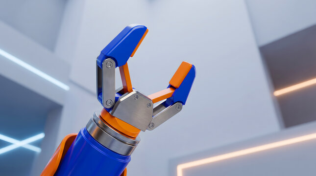 Close-up of a blue robotic arm end effector in an industrial setting