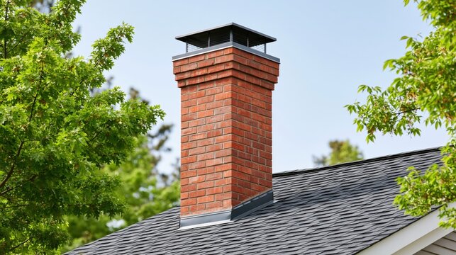 Substantial red brick chimney with metal flashing rising from a rooftop