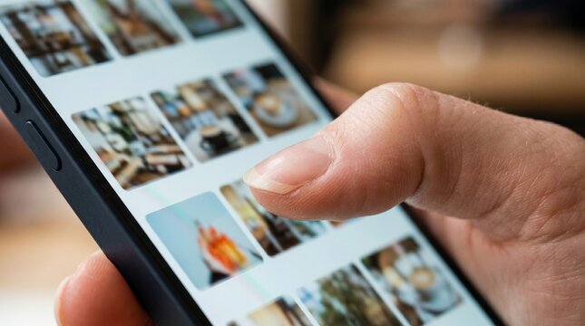 Close-up of a person's finger scrolling through a grid of photos on a smartphone screen, showcasing a visual feed