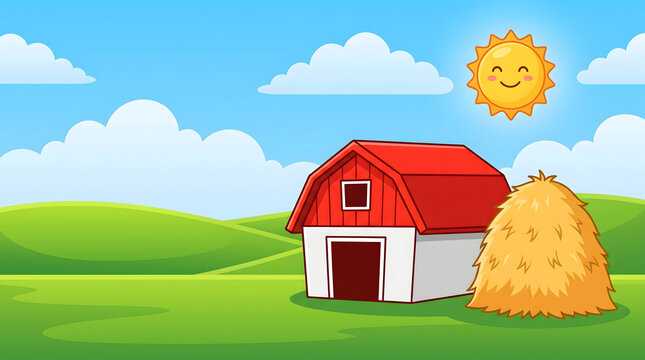 Cartoon illustration of a red barn and haystack in a green field under a sunny sky
