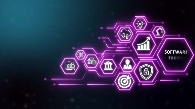 Software testing business and technology icons concept. Modern Technology, Internet and social media icons on drank background. 4K video animation